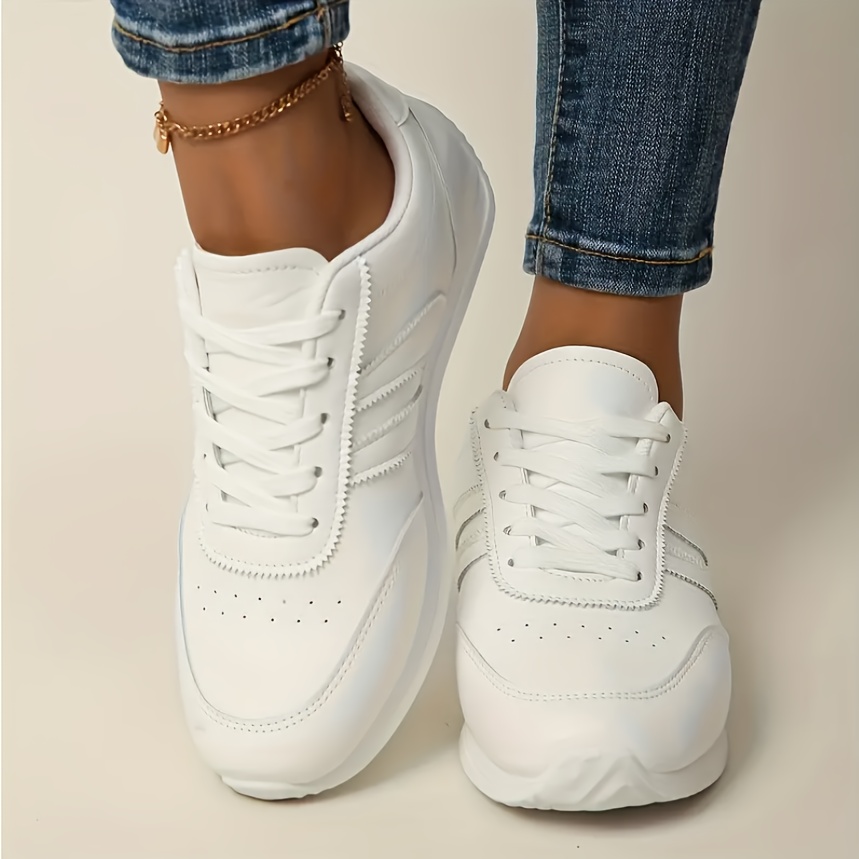 Women'S Casual Sneakers, Lightweight White Synthetic Upper with Navy Blue/Green Stripe Accents, EVA Sole Lace-Up Low-Top Design, All-Season Wear, for Daily Use, Outdoor Sports, Parties, Fitness, Beach Activities, Vacations & Holiday Gifts