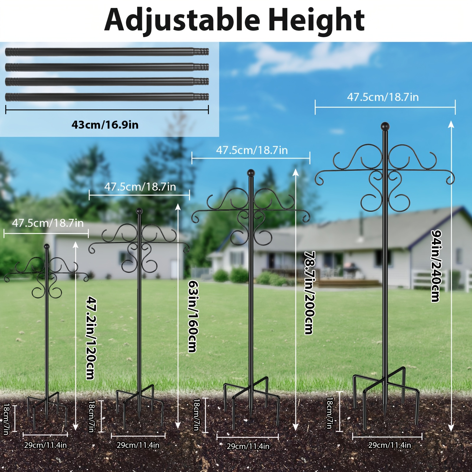 Image of 1pc Upright Garden Hook, With A 5-pronged Base To Prevent , Height Adjustable From 120-240cm, Suitable For Hanging Plant Pots, Bird Feeders, Wind Chimes And More; Garden Decorative Hook