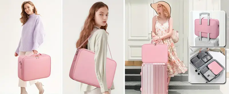 large size travel makeup bag with led with rechargeable three color lighting makeup bag with adjustable divider brush plate long suspenders andluggage strap suitable for travel parties business trips and other occasions details 7