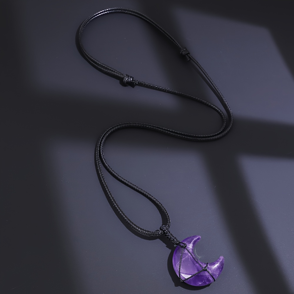 Natural Stone Moon Pendant Necklace, Adjustable Wax Rope