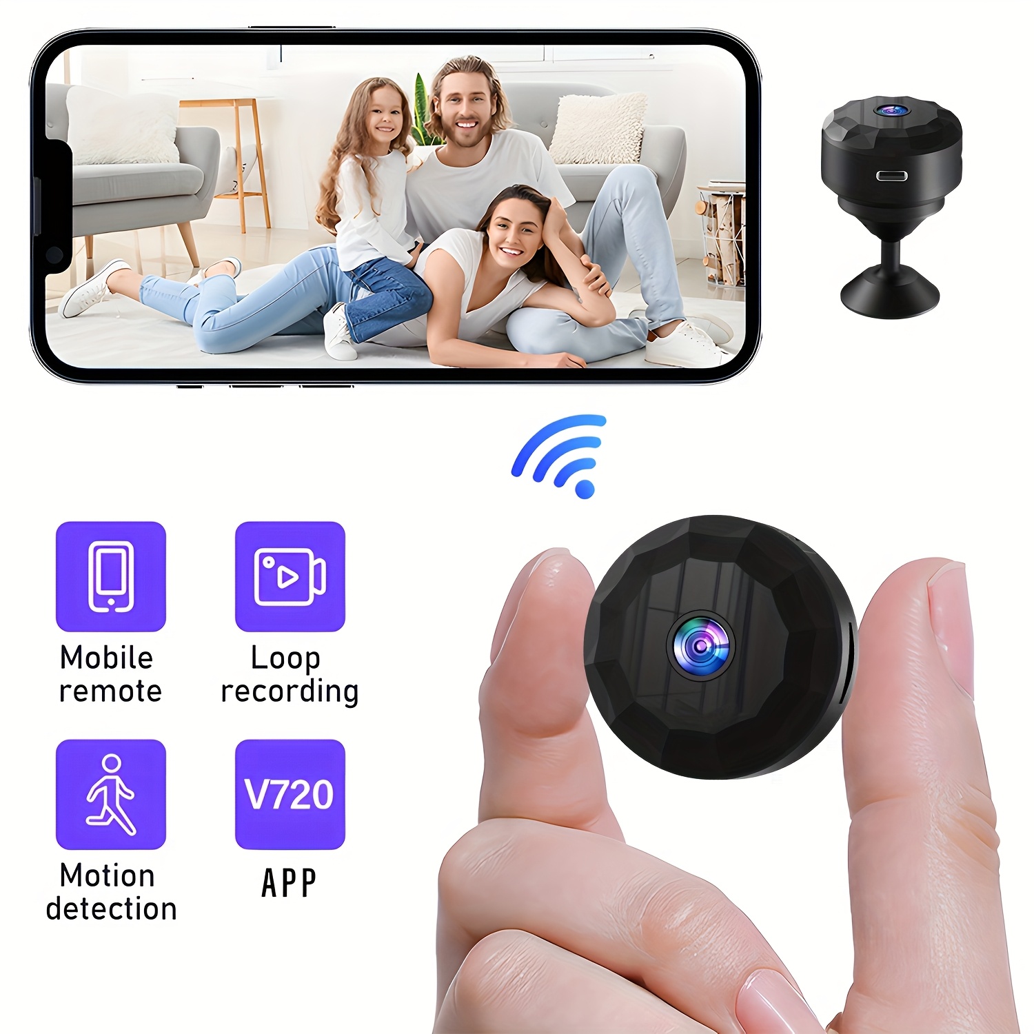 Умна безжична камера за сигурност - 2.4GHz WiFi за вътрешно/външно ползване, USB зареждане за пътуване/наеми | Наблюдение на домашни любимци, без SD карта, мобилно приложение