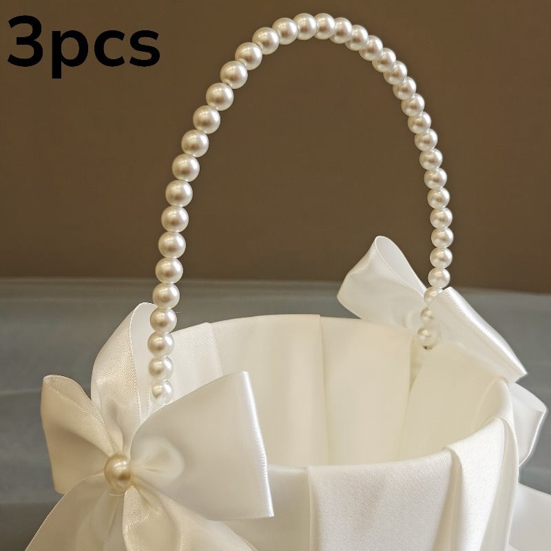 TEMU 3 piezas Elegante Cesta de Niña de Blanca, con Decorativo Grande de Perlas y Asa de Perlas - Decoración Redonda para , Bailes de Graduación,