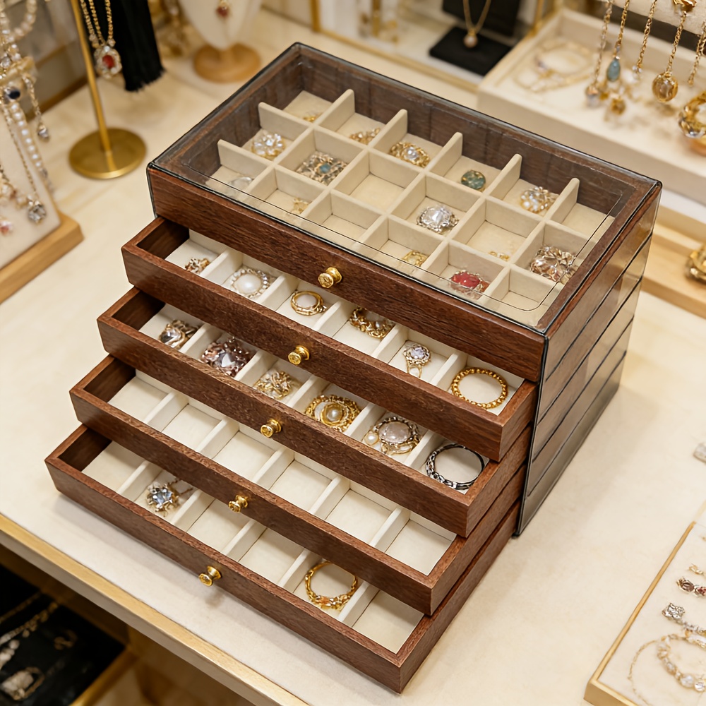 TEMU Vintage Walnut Wood Grain Storage Box, Large Capacity Earring, Ring, Necklace, Bracelet Storage Box, 5 Layer Jewelry Drawer, Jewelry Box,