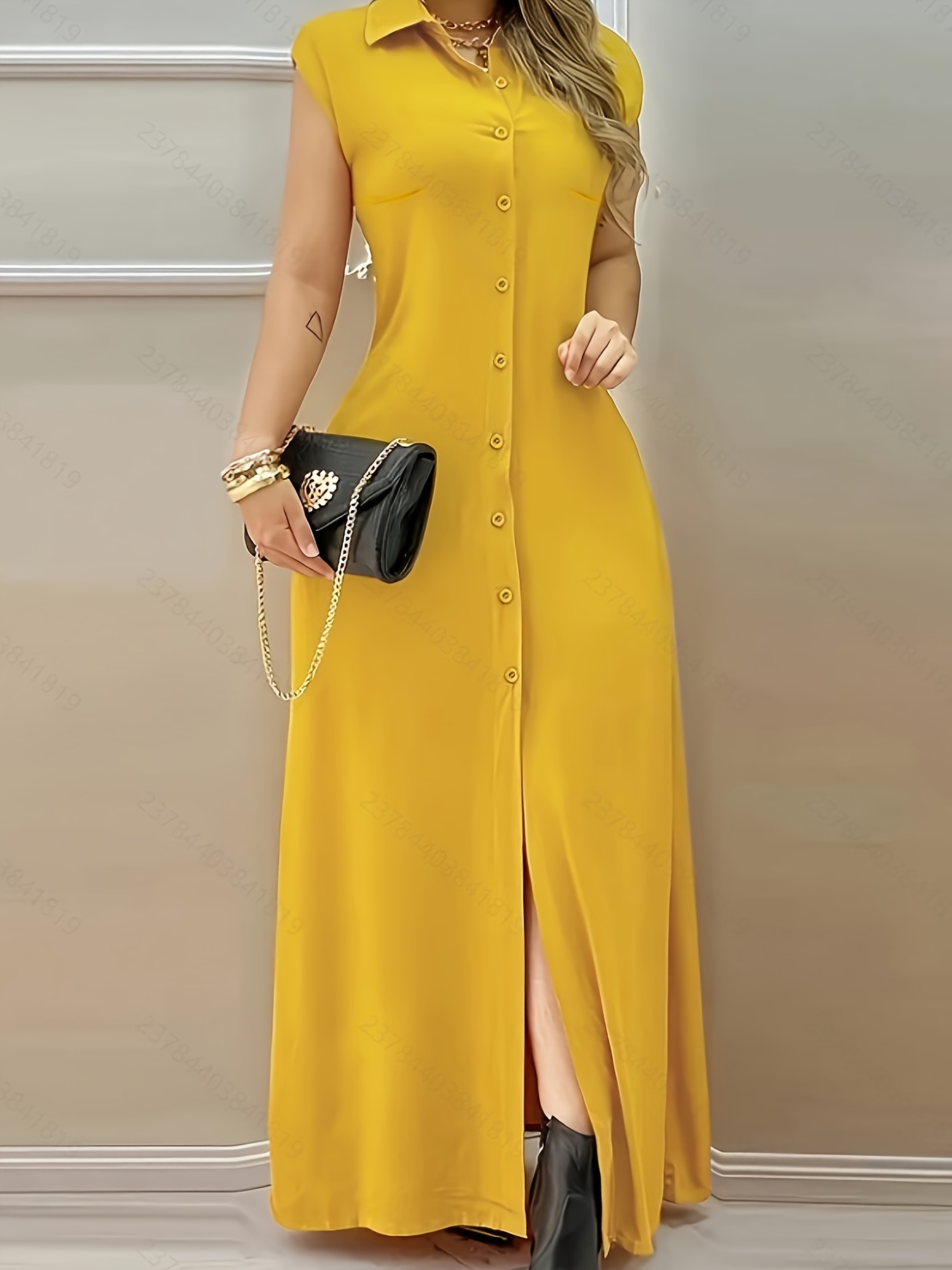 Elegant Yellow Long Dress with Stand Collar & Button Front - Flowy Fit,  Sleeveless Design * Spring/Summer/Fall, Women'S Fashion, Casual Elegant  Wear | Stand Collar Dress | Button Front Detail, Cute ...