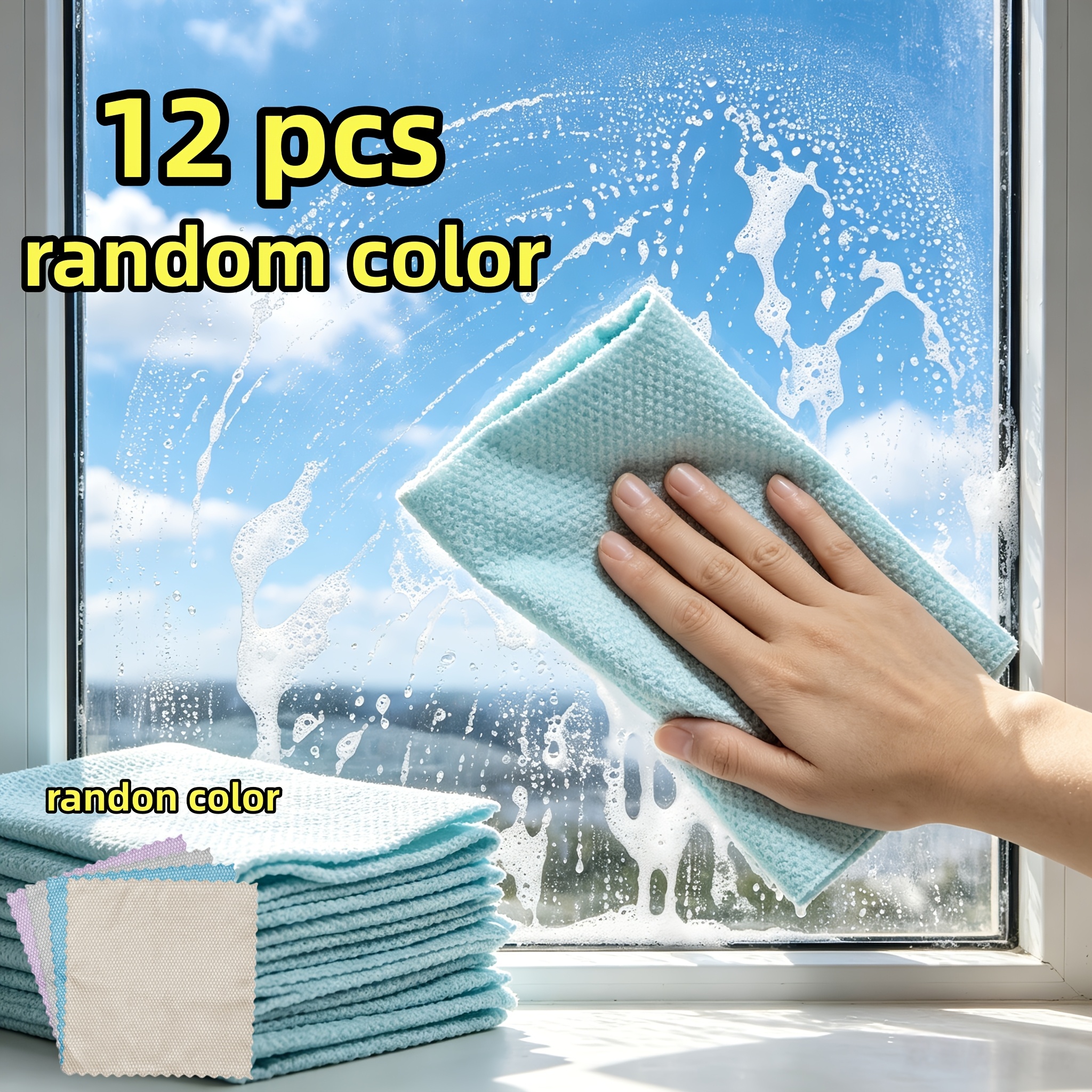 TEMU 12-pack Of Random Colors, Traceless Glass Cleaning Cloths, Removes Water Stains And Marks From Glass, Leaves No After Wiping, Suitable For , And