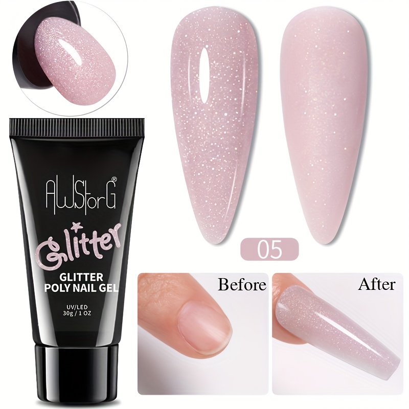 Awstorg 30g Glitter Acrylic Gel Finger Extension Nail Polish Silvery Pink Extension Gel Polish Soak Off Nail Slip Solution