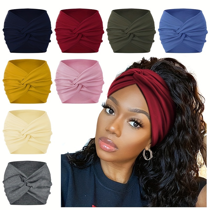 

8pcs/pack Women's Wide Headbands, Solid Color Knotted Turban, Boho Style Stretch Hair Bands, Soft Hair Accessories For Yoga, Running, Sports