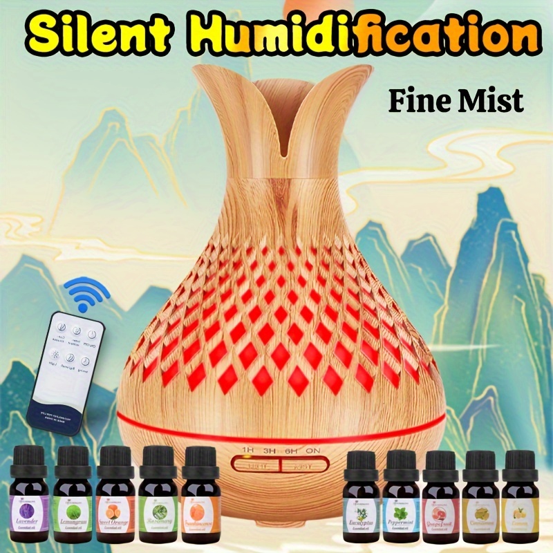 

500 Ml Essential Oil Diffuser With 10 Bottles Of Essential Oils, Natural Evaporative Humidifier With Remote Control, With 7 Colour , Timer And Auto-off , For Large Rooms And Home Offices (wooden )