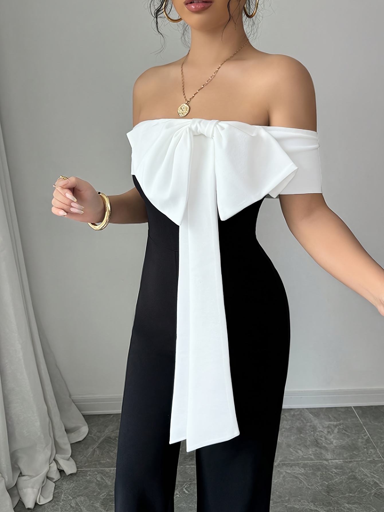 elegant shoulder jumpsuit women chic black block Temu New Zealand