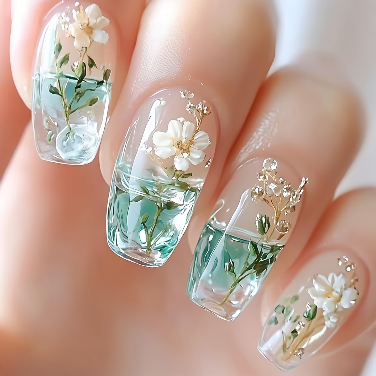 TEMU 24pcs Transparent Blue Camellia Flower Press-on Nails Suitable For Daily Wear, Parties, Vacations - Reusable Detachable Square Medium-length