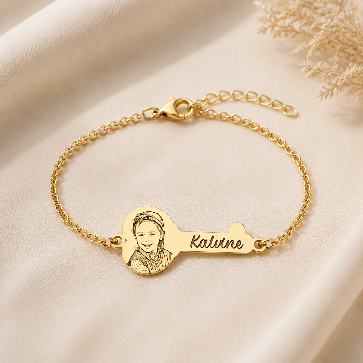 Custom Photo Key Shape Bracelet, Engraved Stainless Steel
