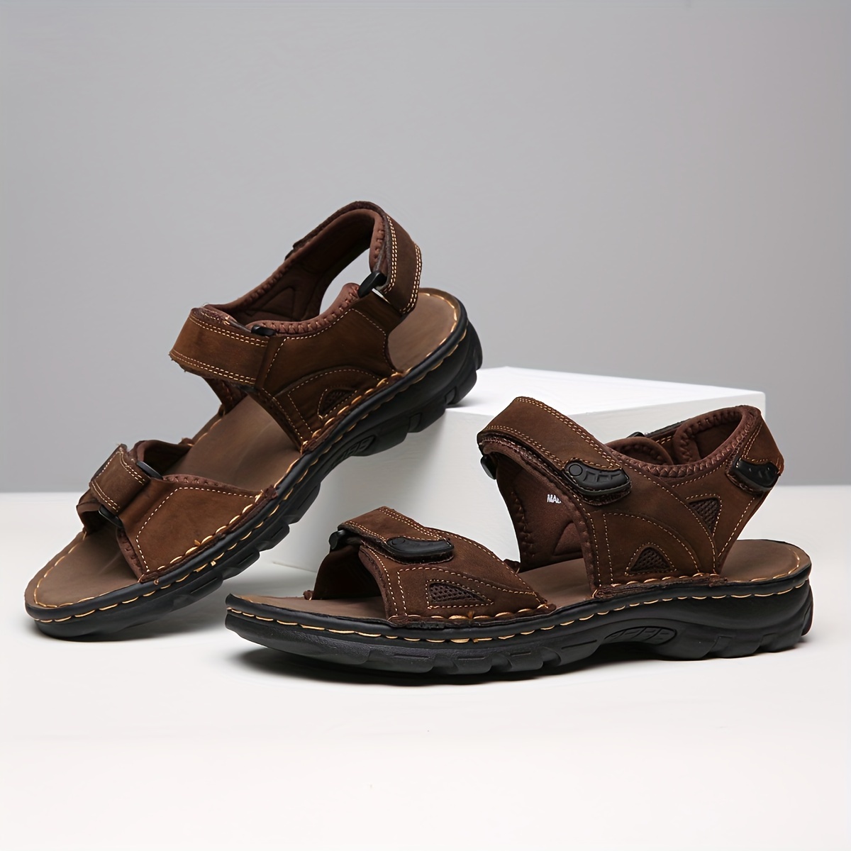 mens genuine leather sandals arch support adjustable hook Temu