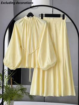 casual and elegant womens clothing new solid color shirt with a thin waist belt and back collar fitted a line long skirt with elastic waistband at the back 2pcs womens skirt set suitable for home