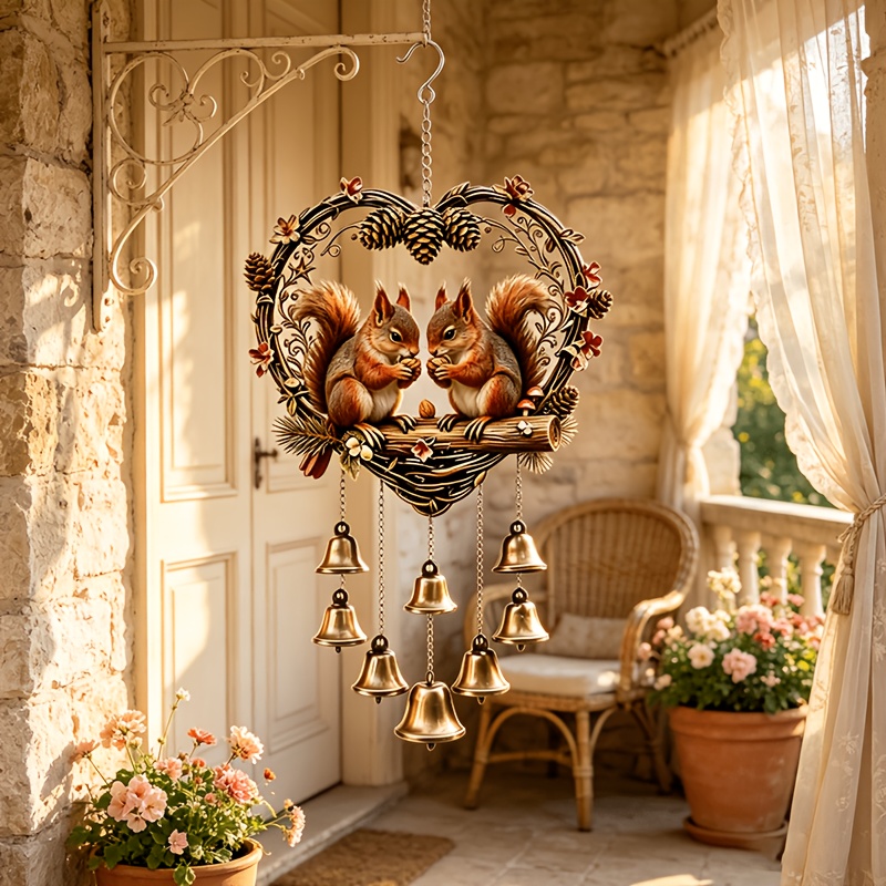 TEMU A Vintage Rustic Squirrel-shaped Metal Wind Chime Decorative Hanging Ornament, Featuring Distressed Matte Metal Bells And Accessories. It