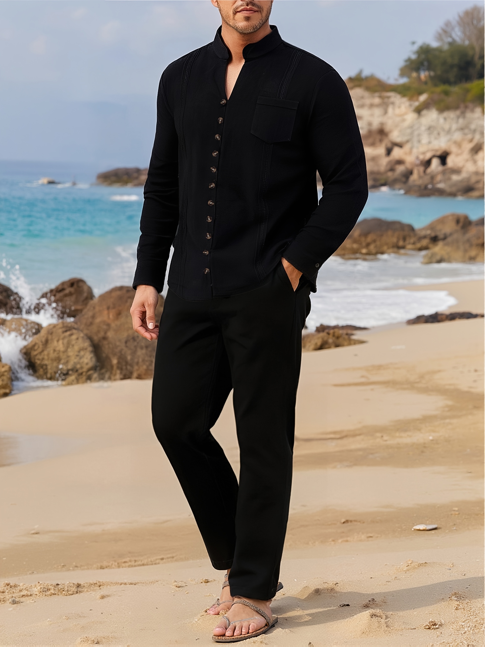Ensemble 2 Pièces Homme Coton/lin - Chemise Boutonnée Décontractée + Pantalon Ample - Style Hawaïen élégant Pour Travail Décontracté, Plage, Vacances (tailles S à 3XL)