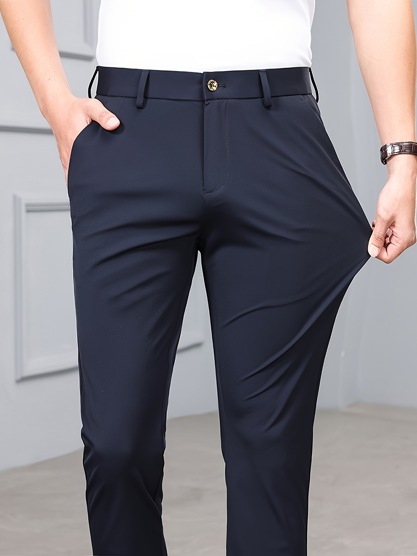 mens summer casual skinny pants   waist regular fit solid color nylon 79 10 elastane 20 90 high stretch knit fabric zipper fly pockets no belt weekend casual 160g m blue 3