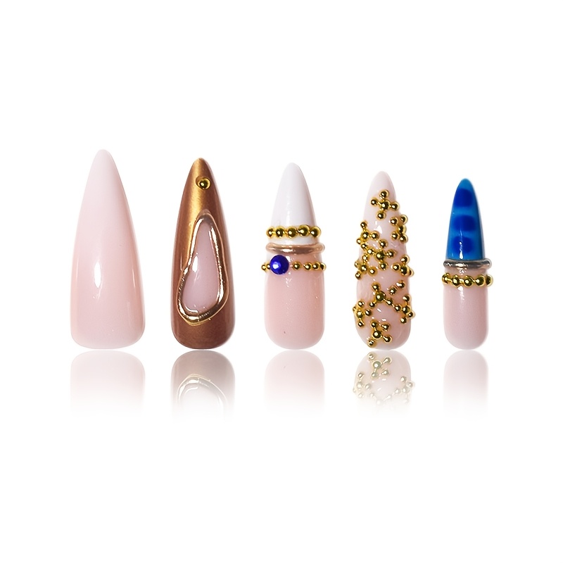 TEMU 24pcs Long Pointed Press-on Nails, Light Luxury Minimalist Retro Style, Includes Solid Nude Glossy Base, Copper Metal Hollow Contour With Golden