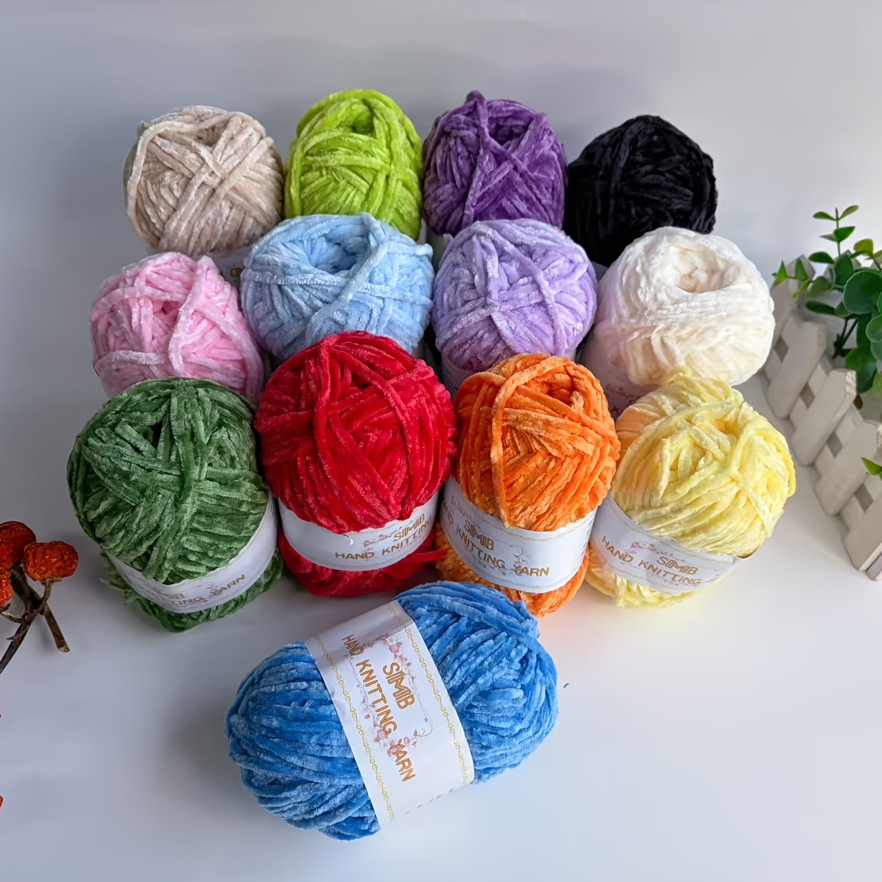 13 Skeins Hand-Knitted Medium-Weight Chenille Yarn Bundle
