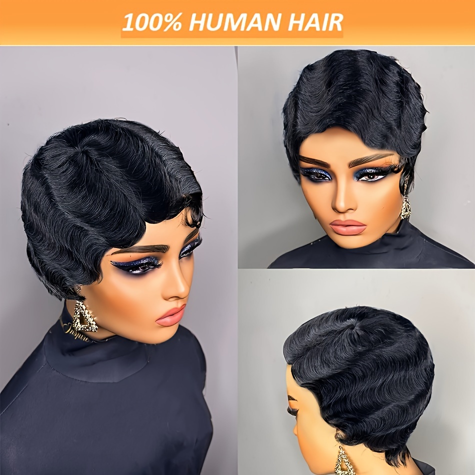 

Chic Pixie Cut 4-inch Finger Wave Wig For Women - Deep Wave Style, 150% Density Brazilian Remy Human Hair, Easy To Wear & Versatile For All Occasions