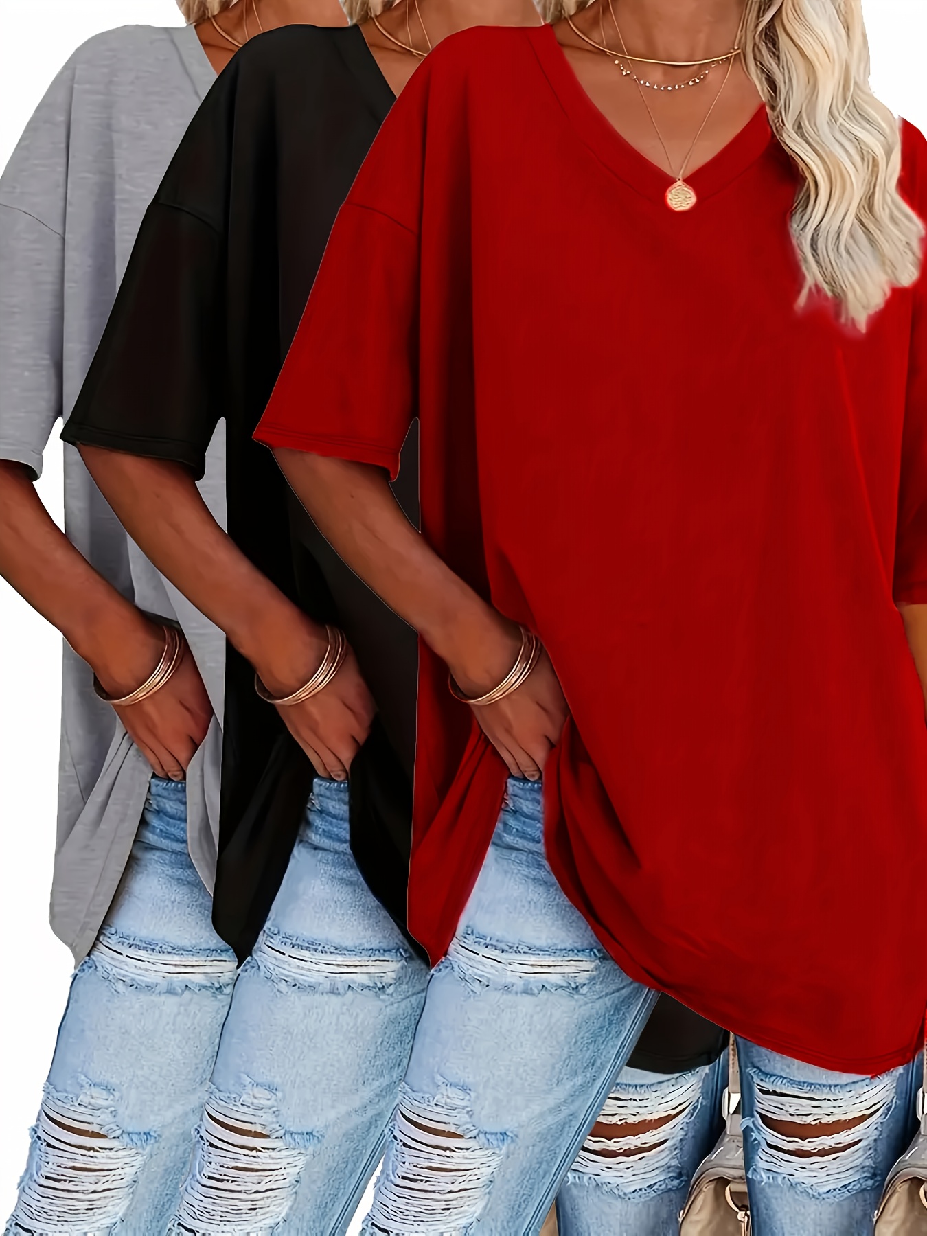 Ensemble de 3 T-Shirts Décontractés pour Femmes à Col en V, Tissu en Maille 95% Polyester 5% Élasthanne, Couleur Unie, Élasticité Moyenne, Coupe Ample à Manches Courtes pour le Printemps/Automne