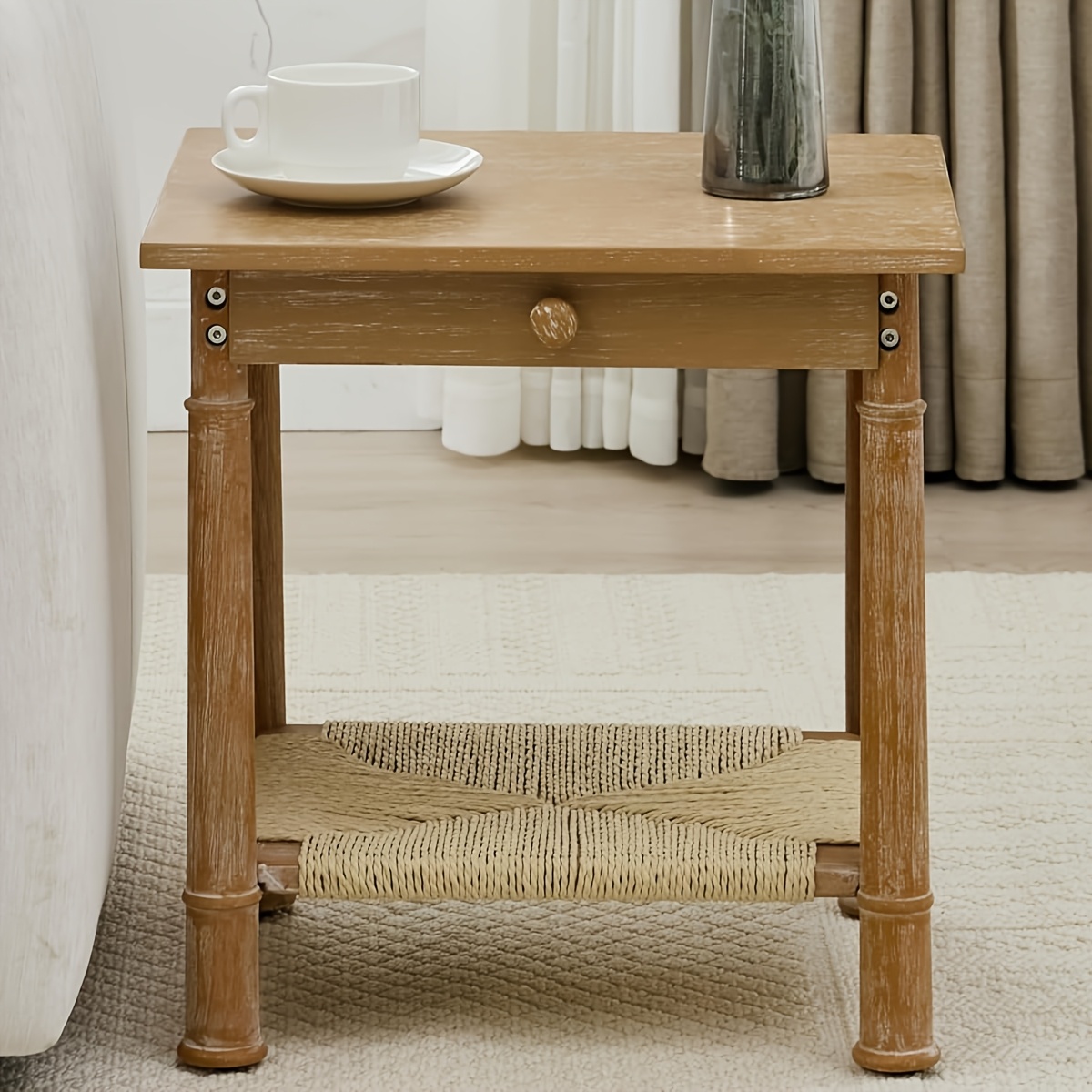 1pc 18 Inches Classical Square Side Table with Drawer 2-Tier End Table with Open Rattan Storage Shelf Solid Wood Sofa Table for Small Space, Living Room, Bedroom, Natural/ Black