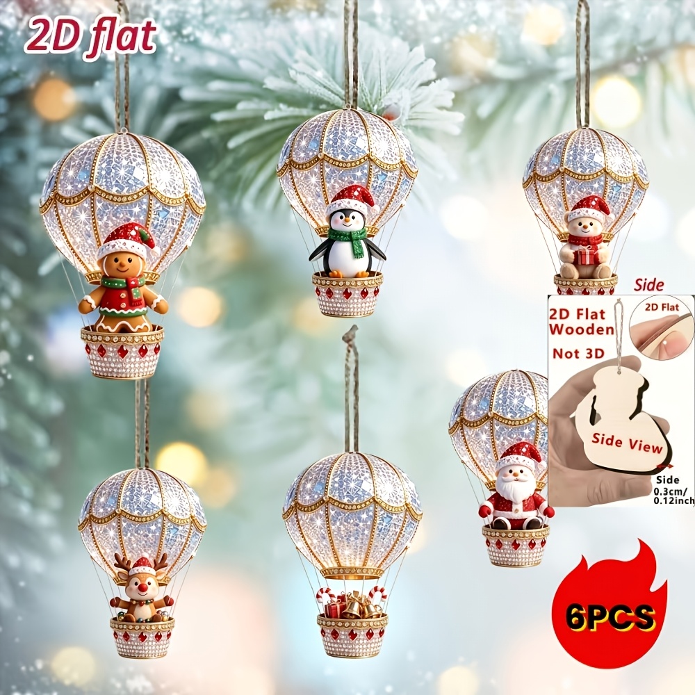 TEMU 2D, Estilo 2D, Juego de 6 piezas de globos aerostáticos de dibujos animados de madera con cuerda de , Adecuado para decoraciones de árbol de
