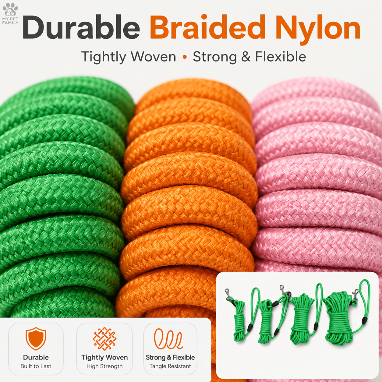 Heavy-Duty Dog Training Leash, Weather-Resistant Nylon Material
