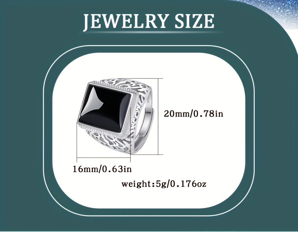 1pc luxury 925 silver cuff ring elegant luxury 925 sterling silver cuff ring for women synthetic black onyx with   jade classic hollow out   design 5g with adjustable   for daily banquet wear   birthstone details 1