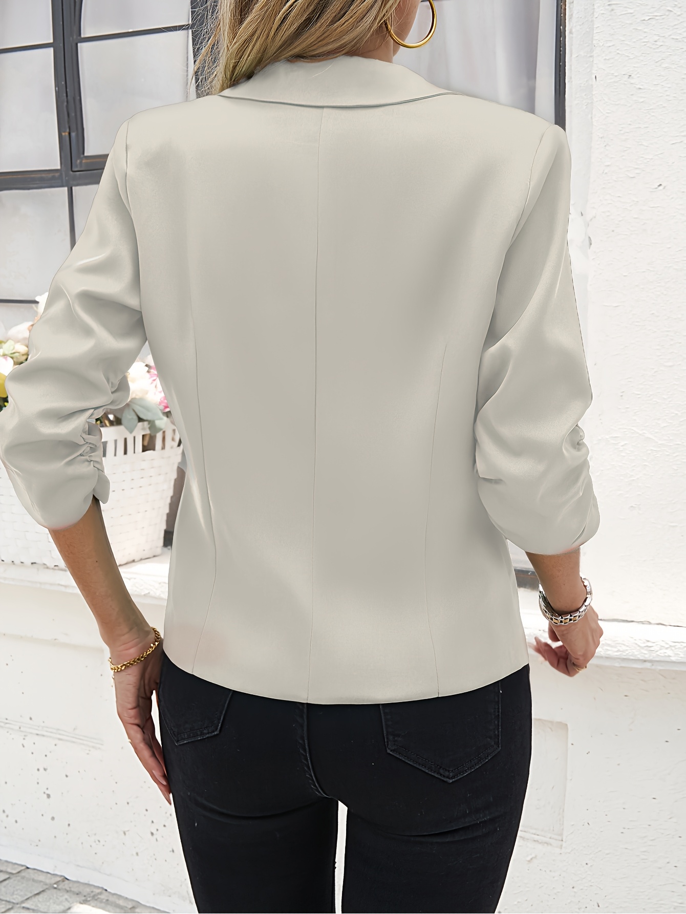Women's Light Beige Casual Blazer - Open Front, 3/4 Sleeve, Polyester, Machine Washable, X-Shaped Silhouette, Perfect for Spring & Fall