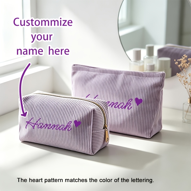 TEMU 2pcs Set Of Customizable Text Toiletry Bags, Heart-shaped Name Makeup Bags, Zipper-closed Skincare Pouches, Lightweight And Multi-functional,