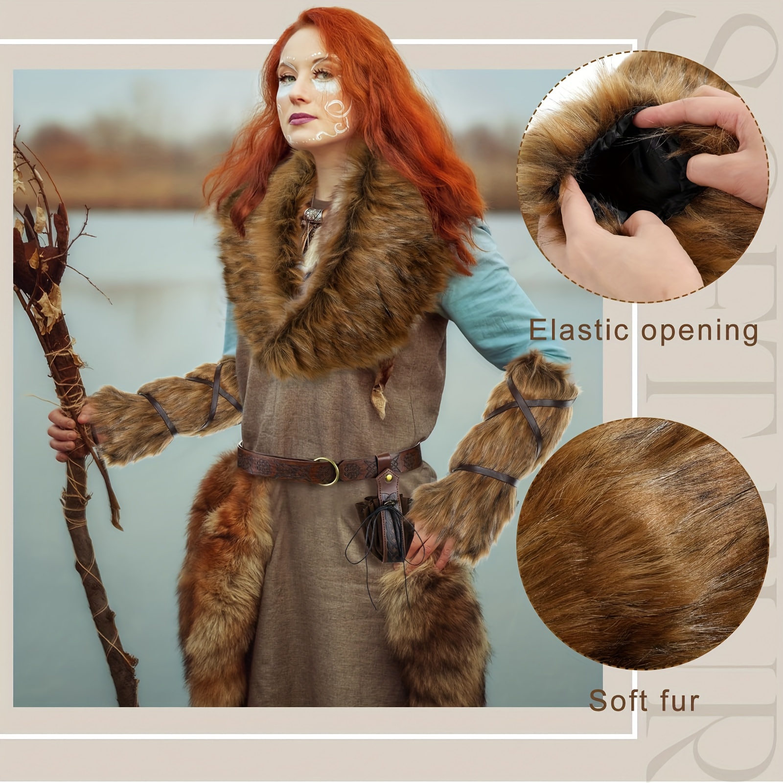 

-inspired Costume Set - 11pcs With Fur Collar, Belt, Medieval Pouch, Leg & Hand Warmers For Halloween Party, Halloween Costumes