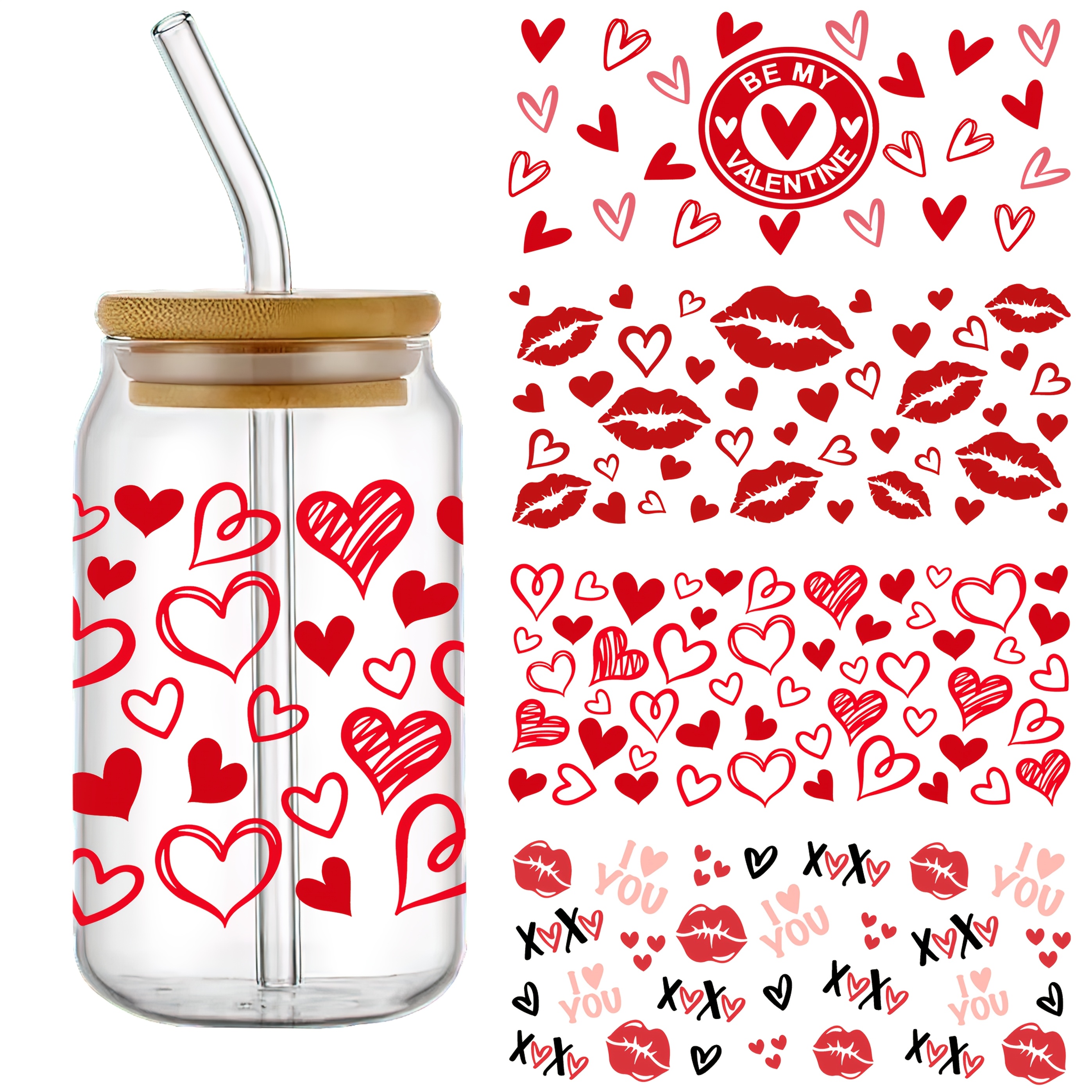 

Set Of 4 Valentine's Day Heart Shape Uv Dtf Self-adhesive Plastic Cup Wraps, Waterproof And -resistant 3d For Glasses And Bottles - High Quality Decals (4.3" X 9.4")