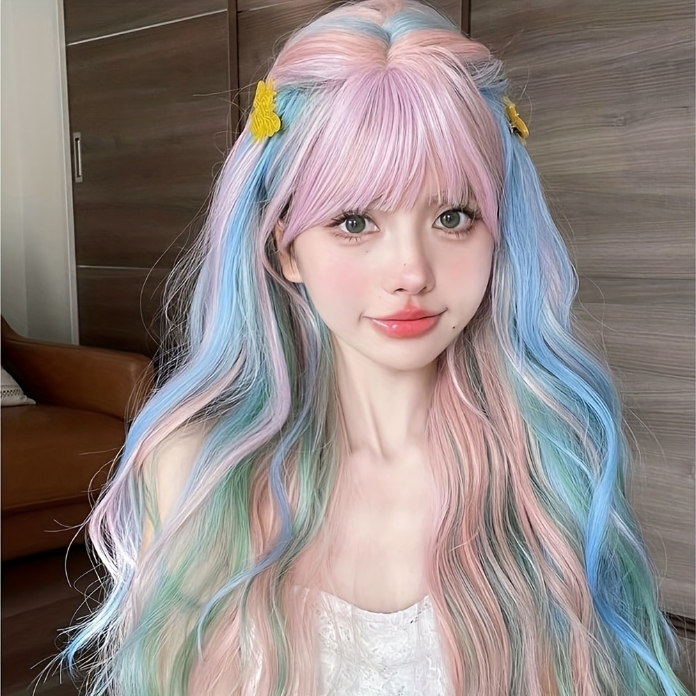 Image of 66.04cm Rainbow Gradient Curly Wig For Women - Wigs With Bangs, Density Cap, Perfect For Cosplay & Parties, Gradient, Long Wavy Hair, Party Hair Accessory | Vibrant Hair Color | Cap, Rainbow Wig