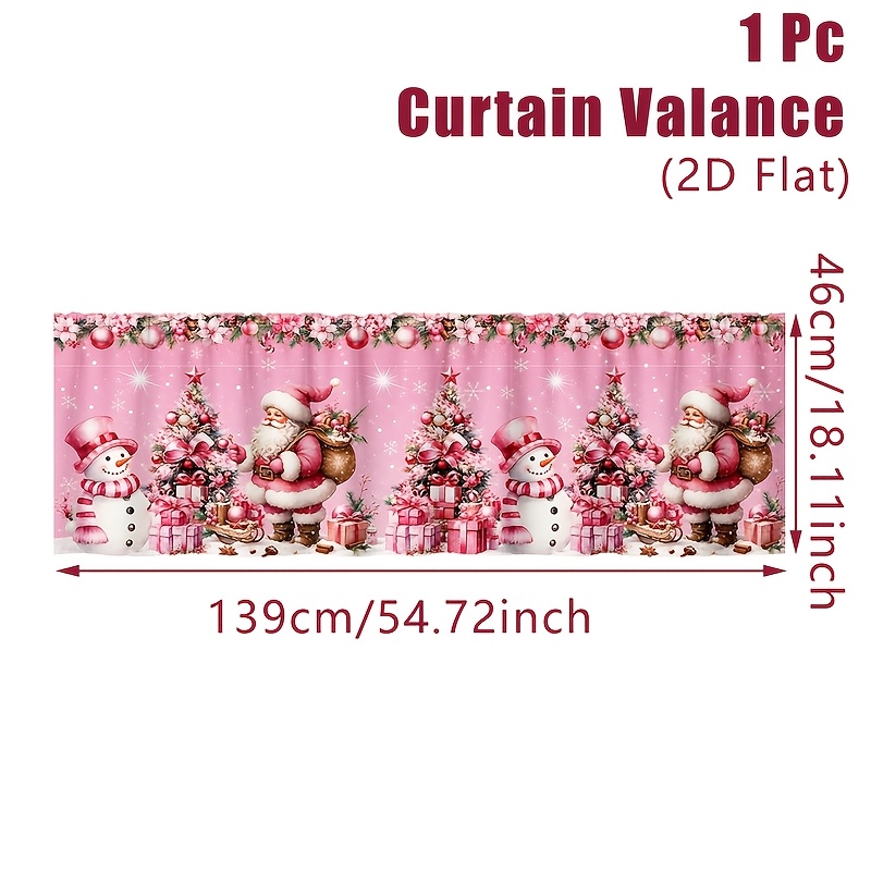 TEMU 2d Flat - 2d Flat - 2d Flat, 1pc, Christmas Valance Curtain, Santa Claus, Snowman And Christmas Tree Patterns Soft Pink Window Drapes, 54-inch