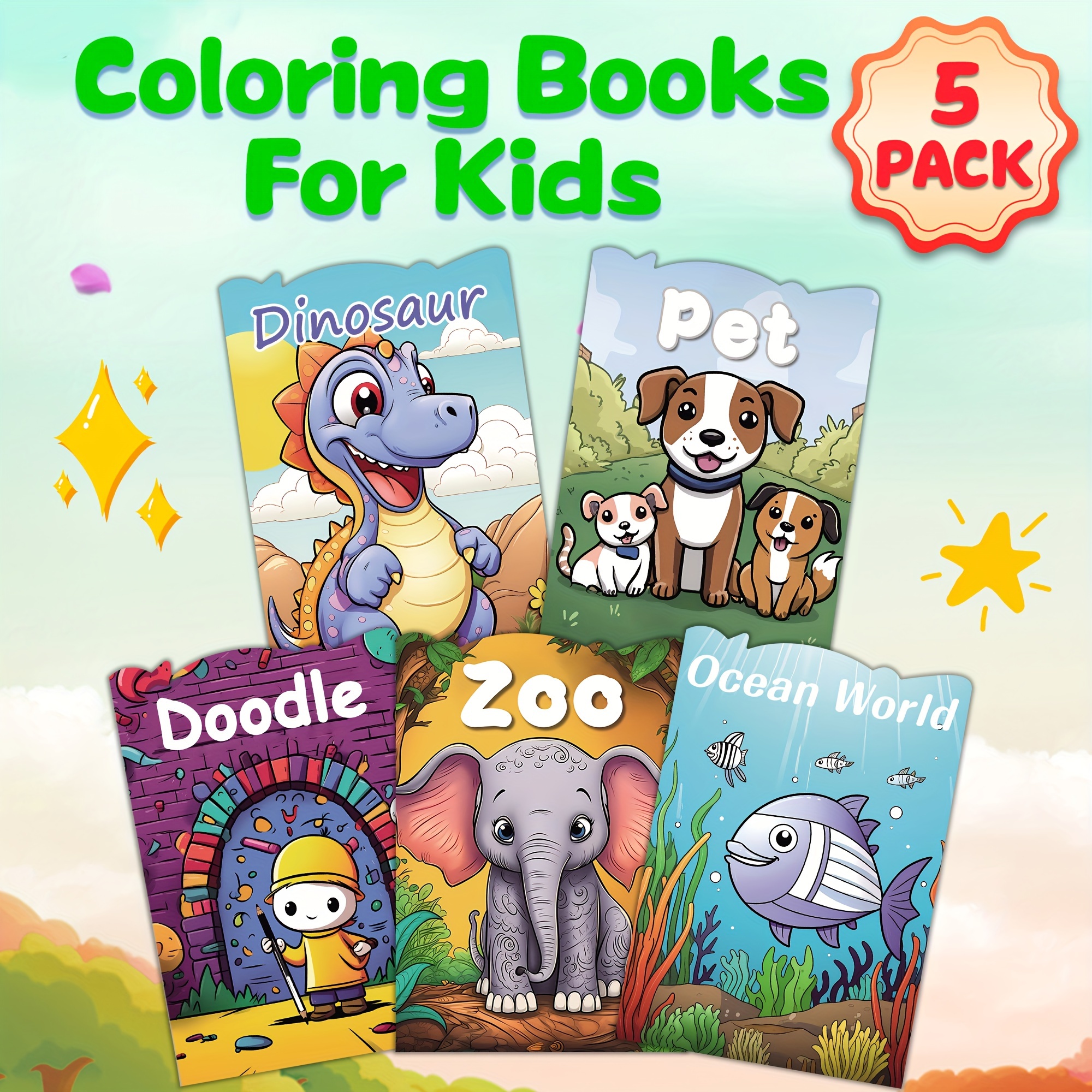 

5 Books Coloring Books For Kids – Zoo, Dinosaur, Doodle, Ocean World, Pet Themes - Educational And Fun Activities For Children Ages 3+ - Boys And Girls