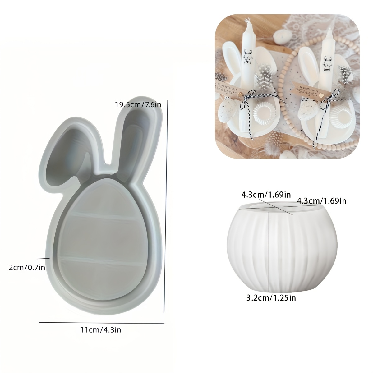 TEMU Diy Clay Mold 2pcs Easter Bunny Head Shaped Tray Plate, Striped Round Candle Holder, Plaster Cement Mold, Lop-eared Rabbit Tray, Small Striped