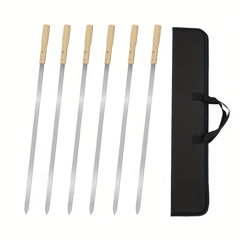 E-shop 6-teiliges Set Edelstahl BBQ-Spieße mit Verlängerung, Aufbewahrungstasche und Holzgriffen, für Outdoor-Camping, Picknicks und als