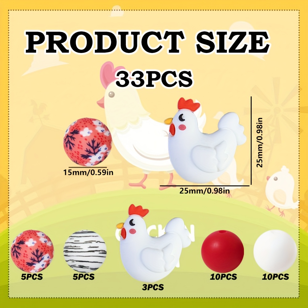 TEMU 33pcs 3d Silicone Chicken Beads With Eyes & Rooster Comb - Vibrant Red, Brown & Multicolor Farm-themed Charms For Jewelry Making, Keychains,