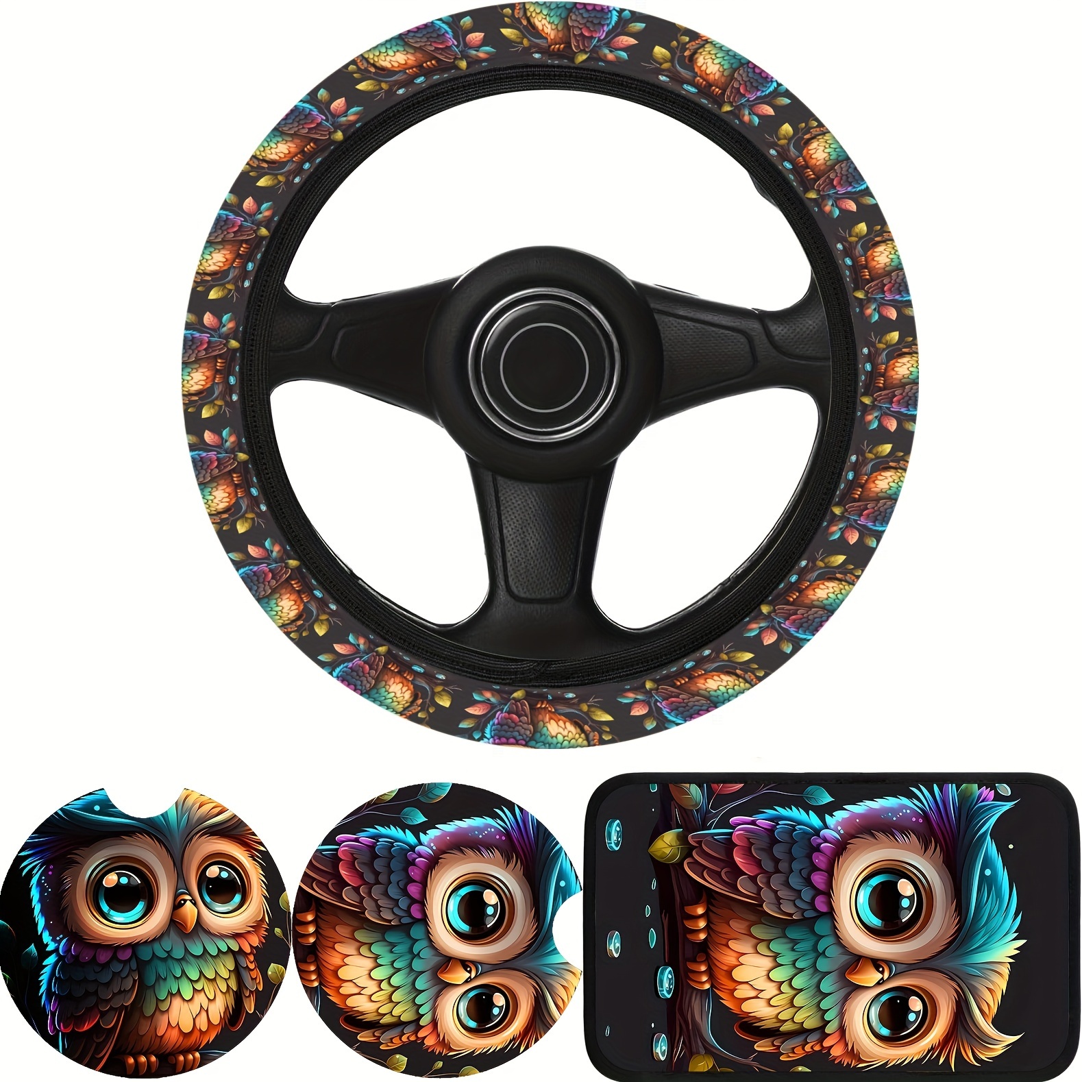 

4pcs Owl Neoprene Car Interior Set - Fit Steering Wheel Cover, Coasters & Armrest Pad For - Soft, Cool Decor