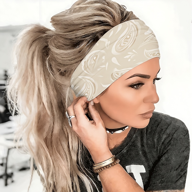 TEMU 2d Flat Beige Abstract Paisley Patterned Headband, Suitable For Yoga, Gym, Running, Cycling, Travel, , And Beach Activities, Featuring A Wide,
