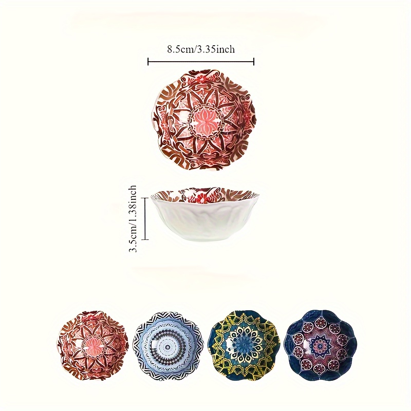 Set Of 4 Bohemian Ceramic Condiment Bowls - Small Decorative Condiment Dishes For Dips, Soy Sauce, Vinegar - Home Ceramic Tableware For Condiments And Dips - Elegant Patterned Ceramic Sauce Dishes