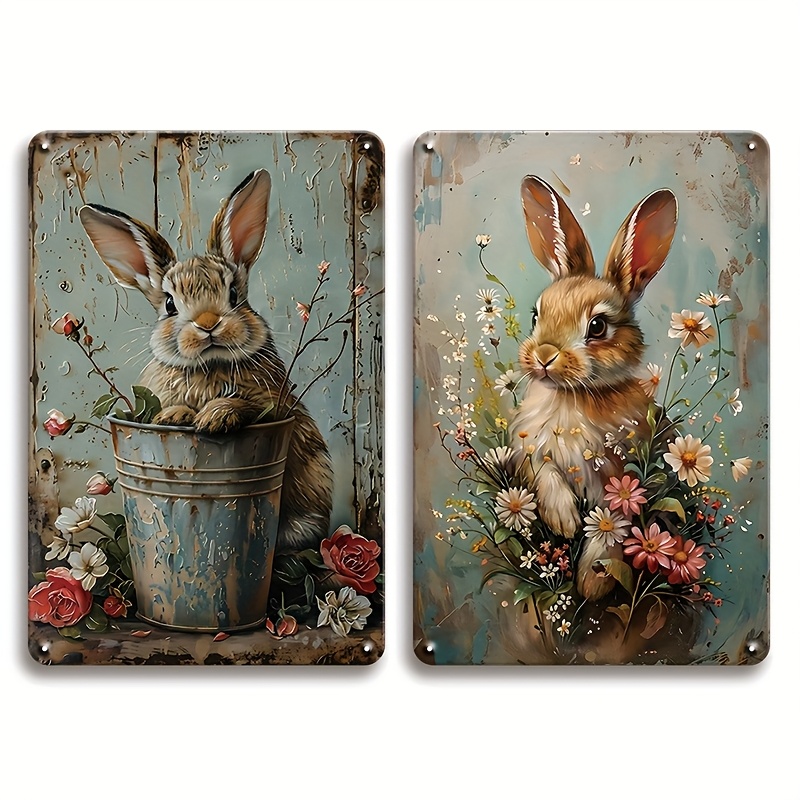 TEMU Set Of 2, Adorable Vintage Rabbit And Flower Metal Signs, Rustic Farmhouse Decoration, Humorous Bunny Pair Easter Metal Posters For Home, Café,