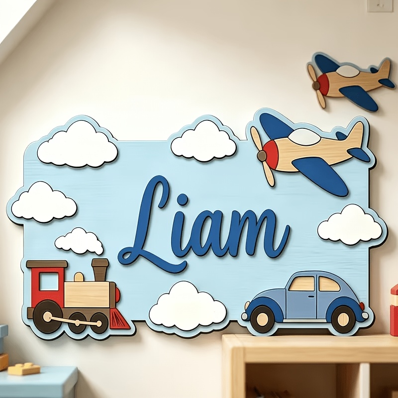 TEMU 2d Flat, Custom Wooden 2d Flat Printed Name Plate, Transportation-themed Wooden Wall Decor, Bedroom Wall Art, Boys' And Girls' Room Decoration,