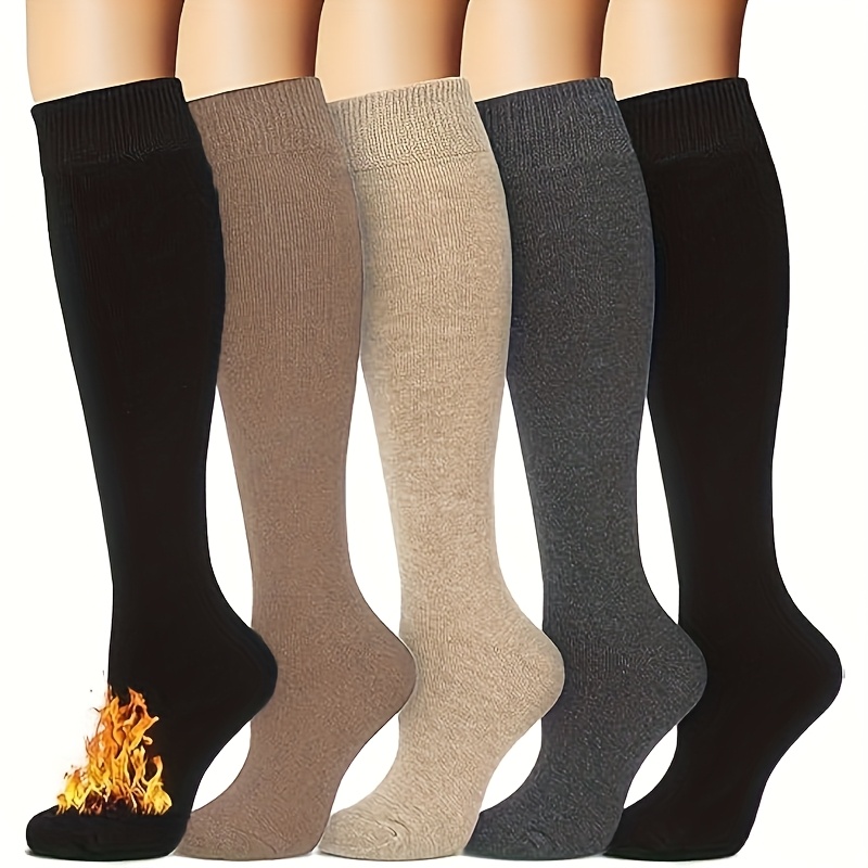 5 Pairs Pack Autumn Winter Women's Thick Long Socks Winter Fleece -resistant Calf Socks Soft Comfortable Solid Suitable For Occasions Oatmeal Dark Gray Ginger Yellow Coffee Options
