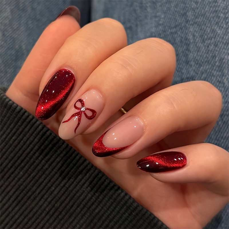 TEMU 24pcs Medium Almond Press On Nails, Burgundy Cat Eye Minimalist Style With Bowknot Decoration, Glossy Shiny End, Reusable Fake Nails Nail Tips