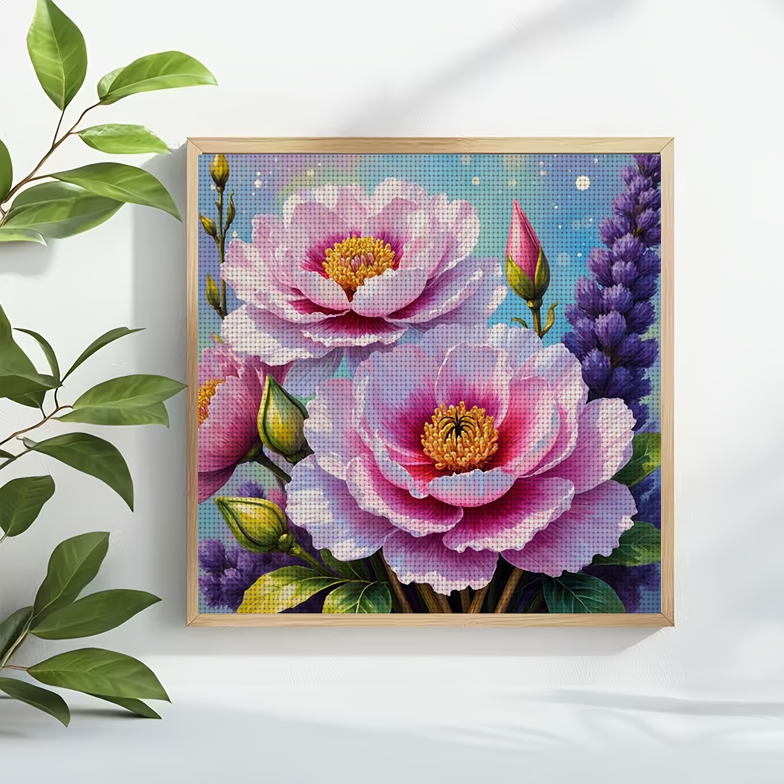 DIY Cross-Stitch Printed Kit, Pink Peonies & Purple Spikes Design