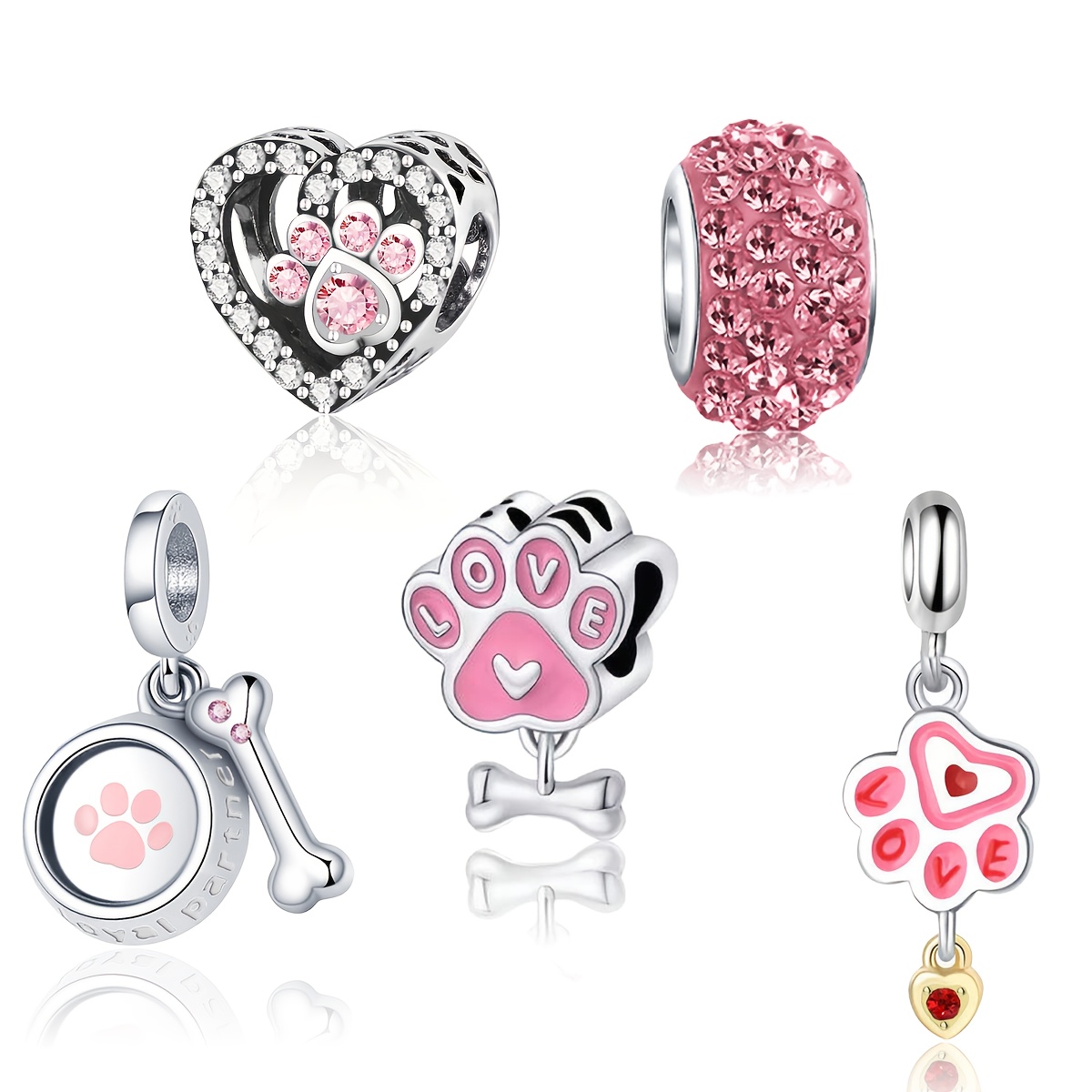 TEMU 5pcs Fashion Bead Set | Women's Bone And Paw Print Pendant Round Beads For Bracelet And Necklace Accessories, Alloy