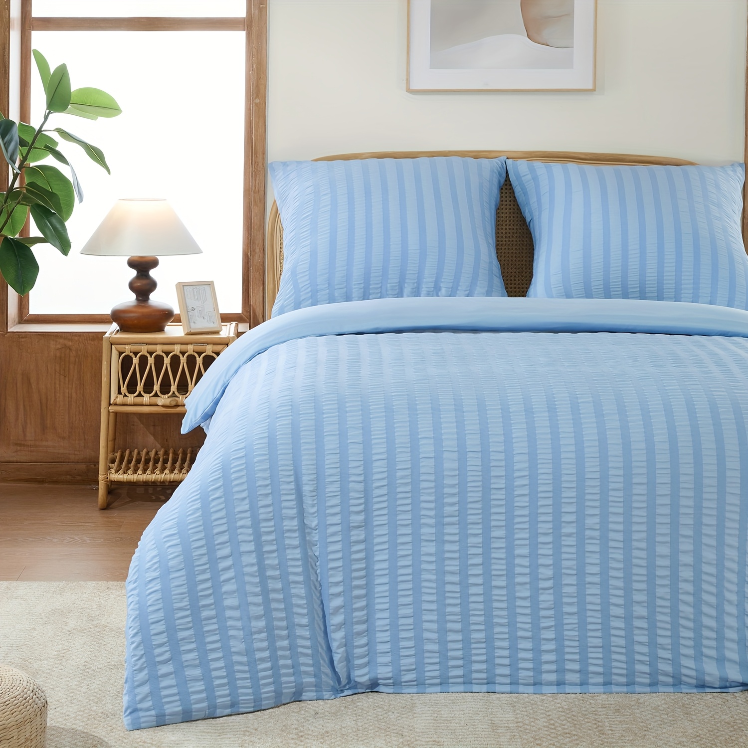Seersucker Duvet Cover Set, Breathable Embossed Striped Bedding Set, Solid Color, Brushed Fiber, Soft Duvet Cover With Zipper And 1 80x80cm Pillowcase