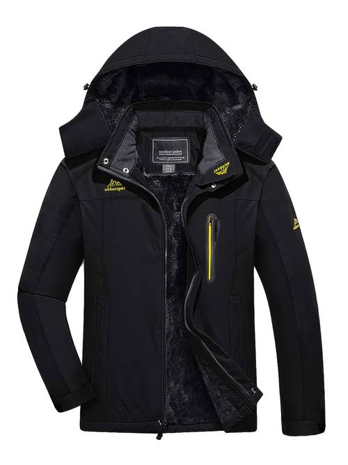 mens winter jacket with fleece lining breathable material adjustable cuffs and hem with removable hood stand up collar full zipper closure soft for skiing snowboarding and other winter outdoor activities