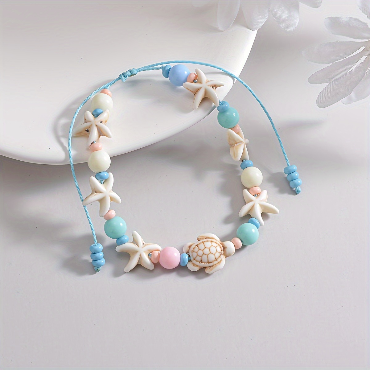 Adjustable Macaron Bead Ankle Bracelet with Sea Turtle & Starfish Charms